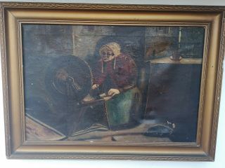 Antique 19th Century Oil Painting Old Woman Fireside Spinning 1830c