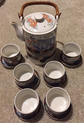 Royal Peacock Japan Cups Small Plates Teapot Burner Tea Set