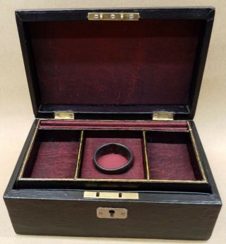 Antique Victorian Jewellery Box - Wood/black Leather With Red Silk Lining