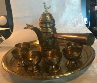 Vintage Islamic Arabic Turkish Finjan Brass Espresso Set Middle Eastern