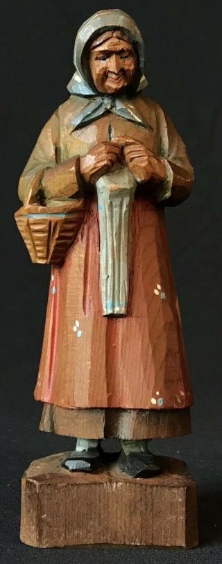 Antique Hand Carved Wood Old Peasant Woman With Basket & Sack