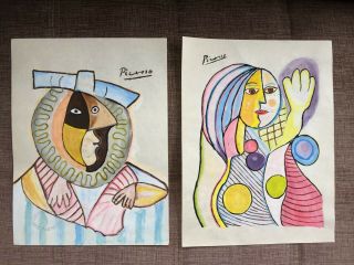 Pablo Picasso Spanish Artist Watercolor Drawings On Paper Signed 5