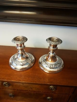 Antique Pair Silver Plated On Copper Candlesticks