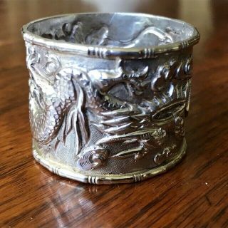 Hallmarked Repoussé Sterling Silver C1890 Chinese Export Long Dragon Napkin Ring
