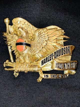 Vintage Rare Solid Brass Harley Davidson Belt Buckle Eagle With Flag Shield Usa