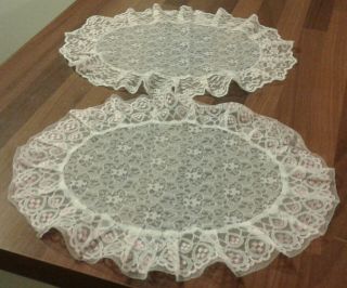 2 Vintage White And Pink Oval Floral Lace Doilies / Dressing Table Mats