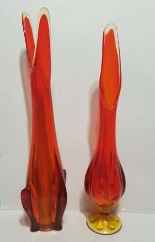 2 Rare Vintage Viking Petal Stretch Vases Art Glass 22 " & 21 " Tall Orange