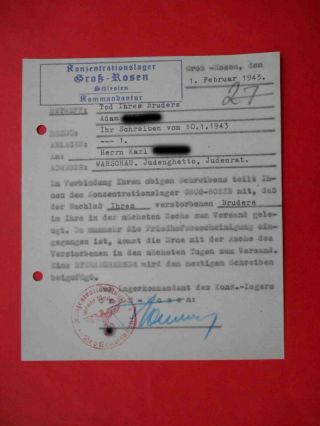 Kz Lager Gross Rossen 1943 Rare Document Judaica To Ghetto