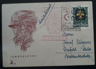 Rare 1951 Austria Scouting Jamboree Postcard Ties 1s Stamp W Cachet