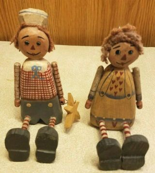 2 Antique Primitive Raggedy Ann And Andy Christmas Wood Ornaments 4 " Tall