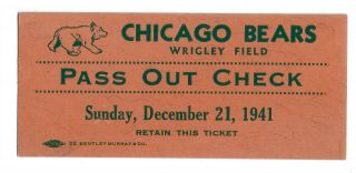 Rare 1941 Nfl Championship Game " Pass Out Check " Ticket,  Chicago Bears Title