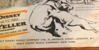 Disney OLD YELLER Sheet Music - - RARE 2
