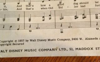 Disney OLD YELLER Sheet Music - - RARE 3