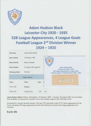 Adam Black Leicester City 1920 - 1935 Rare Autograph Book Cutting