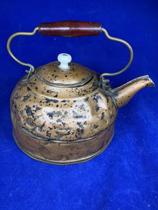 Rustic Copper And Brass Metal Tin Vintage Antique Teapot Tea Kettle Wood Handle