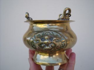 Antique Brass Chinese Censer With Lion Head Mask Handles & Chain For Hanging.