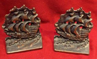 Vintage Antique Cast Iron Galleon Ship Bookends Rare