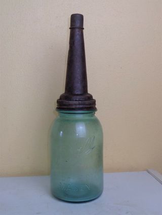 Antique Vintage 1910 - 1923 Blue Quart Ball Perfect Mason Jar Oil Can Spout