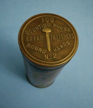 Old Counting House Paper Fasteners No.  2 Brass Round Antique Tin Can