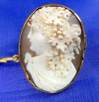 Stunning Antique 9ct Gold Deeply Carved Natural Shell Cameo Brooch Bacchante