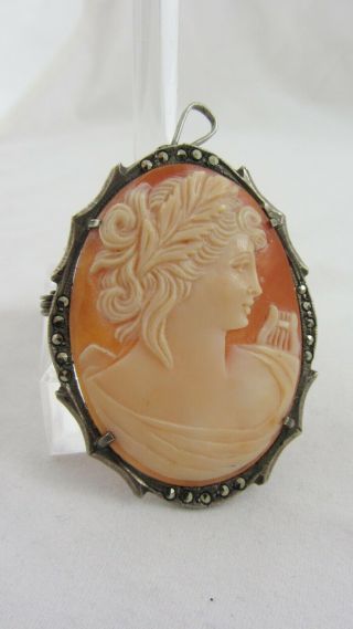 Antique Edwardian Silver And Marcasite Cameo Pendant Brooch 800