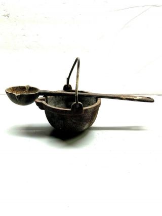 Antique Cast Iron Lead Melting Pot & Ladle Blacksmith Metal Tool Vintage