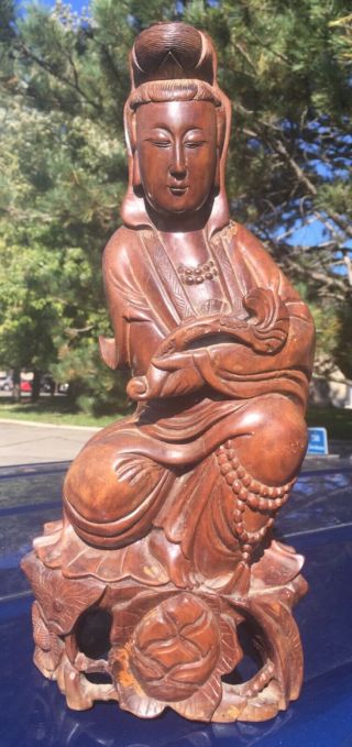 Large Antique Chinese Carved Heavy Wood Buddha Goddess Figure Statue