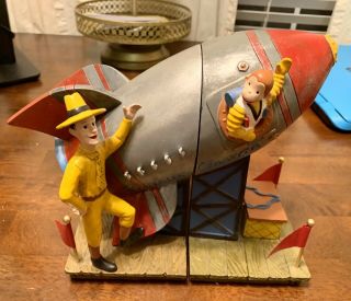 Curious George Rocket Ship Space Monkey Bookends Rare Heavy Sculpted 1997 Vandor
