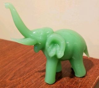 Green Glass Jadeite ? Elephant Statue Paper Weight? Upward Trunk Unique