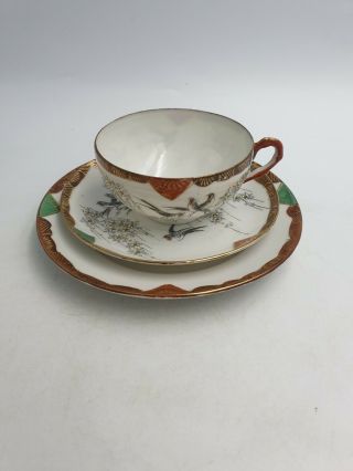 Antique Japanese Eggshell Porcelain Tea Cup Saucer Trio Plate Hand Painted Birds