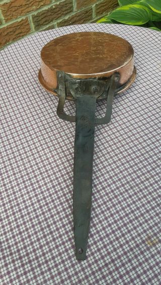 Antique French Hamerd Copper Frying Pan Skillet Farm House Wrought Iron Handle