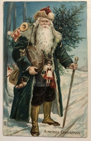 Rare Long Fancy Blue Robe Santa Claus Antique Embossed Christmas Postcard - M297