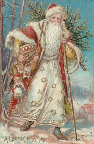 Rare Long Fancy Red Robe Santa Claus Antique Embossed Christmas Postcard - M296