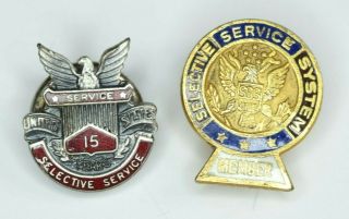 Rare Pair Wwii Selective Service Lapel Pins - Employee 15 Year Army Usmc Navy