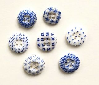 7 Antique Small China Buttons - Bright Blues