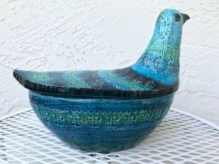 Rare Vintage Mcm Italian Pottery Bird Lidded Bowl Raymor Bitossi Rimini Blue
