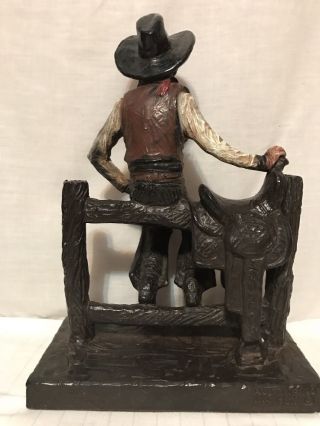 Rare Austin Prod Inc 1982 Cowboy & Saddle Sitting On Fence Painted Metal Statue 3