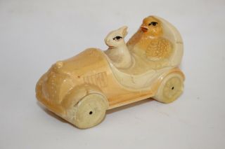 Antique Celluloid Easter Bunny Driving Chick In Car Japan Ornament Toy Nr