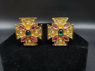 Rare & Stunning Joan Rivers Maltese Cross Clip Earrings Cabochon Gem Faux Pearls