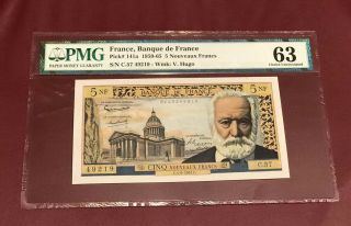 France French 5 Franc Bank Note 1961 Pmg 63 Unc Victor Hugo Pick 141a Rare