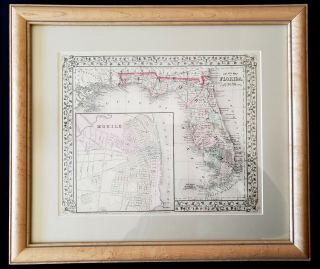 Rare Late 19th Century Hand - Colored Map Of Florida Framed & Matted Mitchell