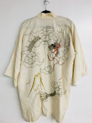 Vintage Rare Creme Color Gold Thread Dragon Silk Kimono Robe One Size