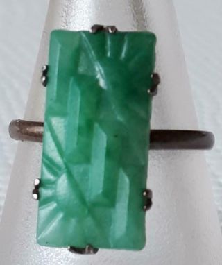 Antique Art Deco Green Peking Glass Hallmarked Sterling Silver Geometric Ring