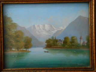 Antique 19th Century Oil Painting Mediterranean Lake Boats Mountains People Sign