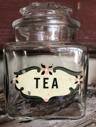 Vintage Tea Shabby Glass Antique Storage Chic Jar Flower Floral Kitchen Lid