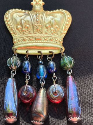 Stunning Vintage Huge Rare Multi Color Dangle Beads Goldtine Crown Brooch Pin