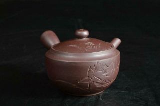 U4191: Japanese Banko - Ware Brown Pottery Flower Sculpture,  Auto Tea Ceremony