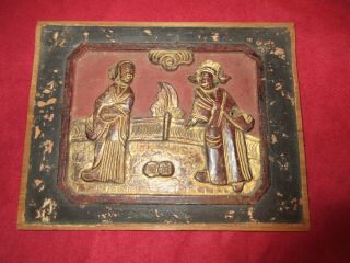 Antique Chinese Wood Carved Plaque Of Man And Woman With Wax Seals