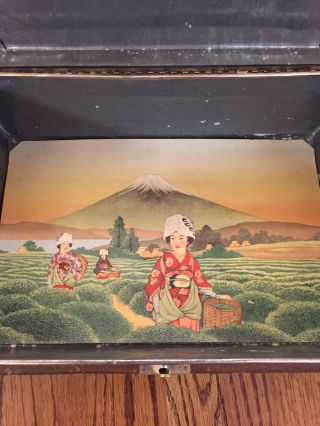 Very Old Wooden Tea Box With Metal Lining - Print With Japanese Ladies