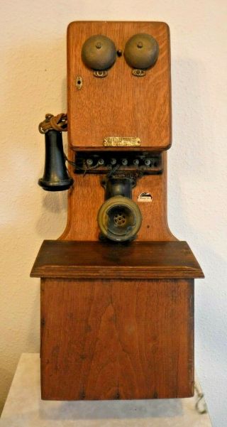 Farr Telephone Company Antique Two Box Wooden Wall Fiddleback Telephone